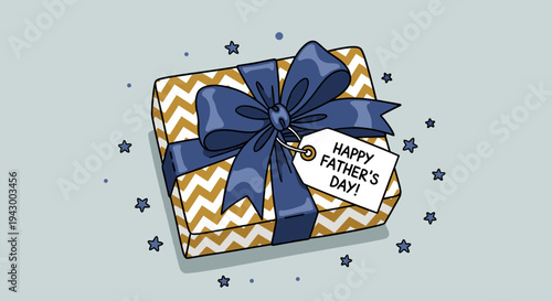 A cheerful gift box adorned with a blue ribbon and a 'Happy Father's Day!' tag, in a playful style