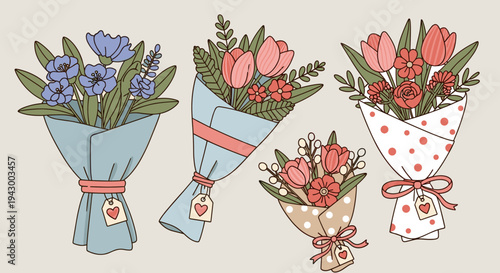 A collection of beautifully wrapped flower bouquets in a modern, minimalist style, perfect for floral design themes