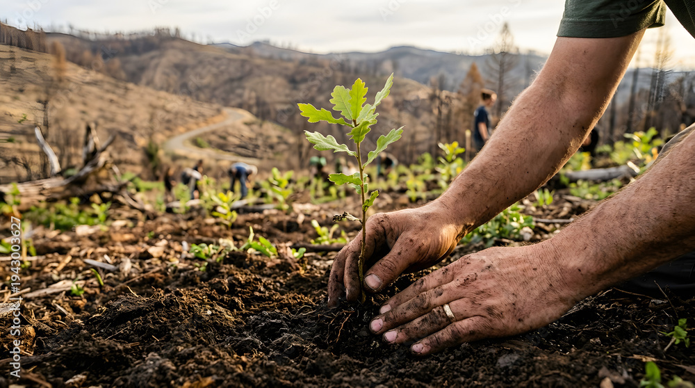 Fototapeta premium Dedicated hands planting new tree in recovering landscape after wildfire devastation