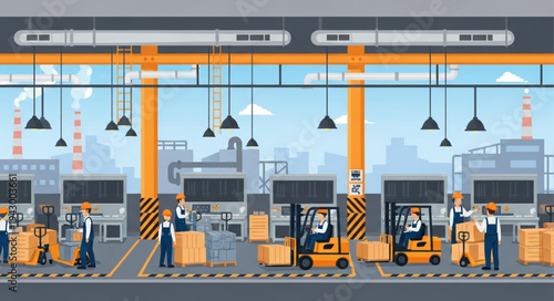 Industrial Factory Warehouse with Forklifts.