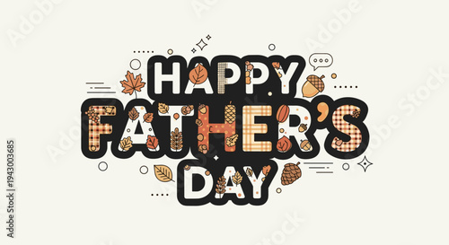Colorful Happy Father's Day typography with autumn leaves and acorns in a modern style