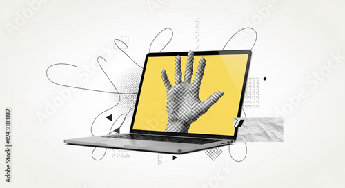 Abstract digital art showcasing a hand reaching out from a laptop screen with technological elements