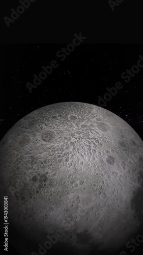 Detailed moon surface with craters against starry sky and purple nebula background, luminous lunar landscape floating in cosmic space, cinematic space motion graphic.