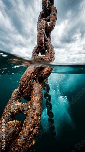 Rusty Metallic Chain Partially Submerged in Turquoise Water against Cloudy Sky in Vertical Orientation