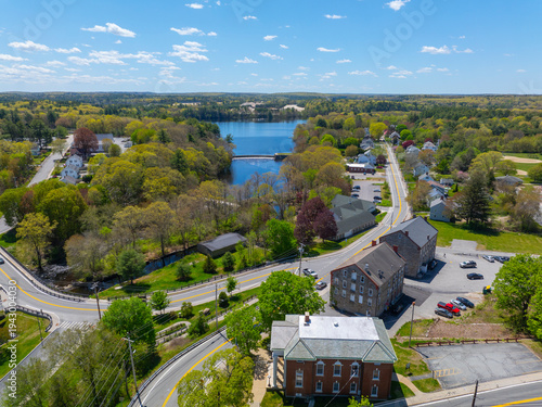 Slatersville Reservoirs aerial view in historic village of Slatersville, town of North Smithfield, Rhode Island RI, USA. This pond is a branch of Blackstone River. 