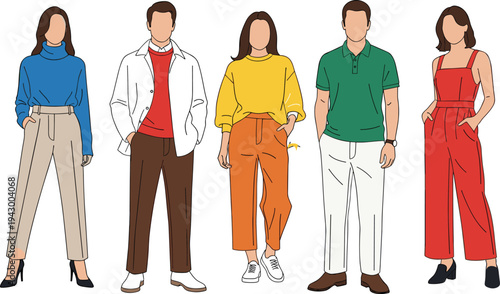 Vector illustration of diverse people wearing modern casual autumn fashion outfits including sweaters jackets trousers and stylish jumpsuits on white background (21 words)