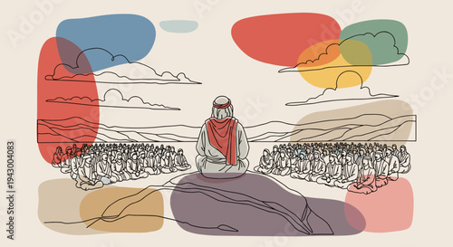 A serene scene depicting a figure addressing a large audience, illustrated in a minimalistic, modern style with soft colors