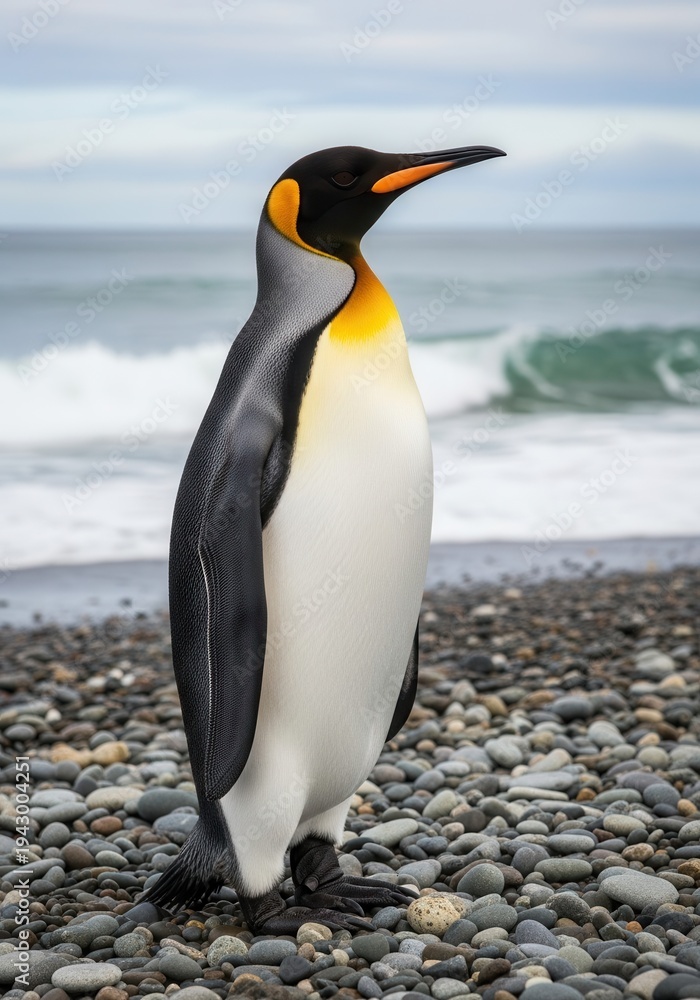 Fototapeta premium Majestic aquatic bird stands upright on a rocky ocean shore under cloudy skies
