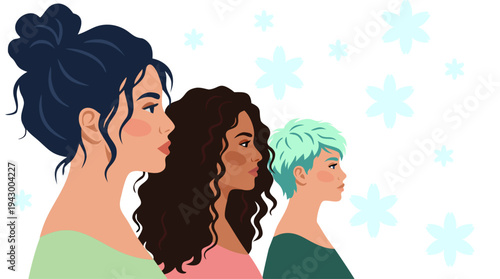 Colorful diverse women portraits. Multicultural female characters and different hairstyles. Women community and friendship concept. Female empowerment and individuality. Modern flat vector illustratio