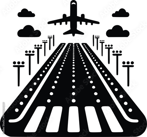 Airport Runway with Lights Silhouette – Aviation Landing Strip Vector Icon