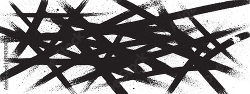 Abstract black brush strokes and splatter on a white textured background