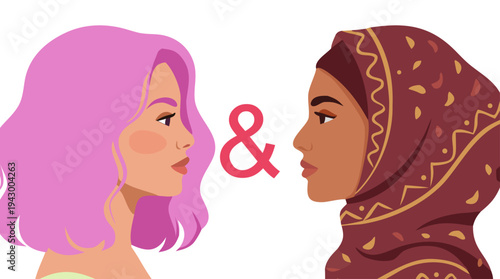 Colorful diverse women portraits. Multicultural female characters and different hairstyles. Women community and friendship concept. Female empowerment and individuality. Modern flat vector illustratio