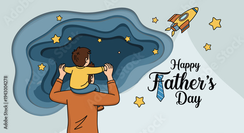 A heartwarming illustration of a father and child celebrating Father's Day in a whimsical, modern style