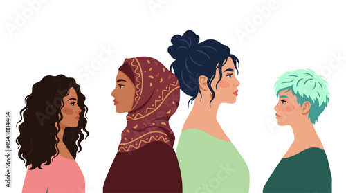 Colorful diverse women portraits. Multicultural female characters and different hairstyles. Women community and friendship concept. Female empowerment and individuality. Modern flat vector illustratio