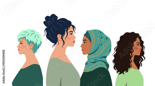 Colorful diverse women portraits. Multicultural female characters and different hairstyles. Women community and friendship concept. Female empowerment and individuality. Modern flat vector illustratio