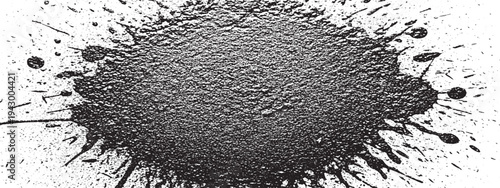 Black ink splatter with grunge texture and drips on white background