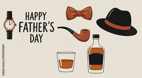 A festive illustration featuring Father's Day elements including a watch, bow tie, pipe, hat, and drinks in a modern style