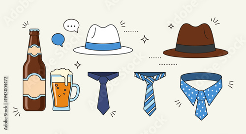 A collection of stylish hats, ties, and beverages in a flat, minimalist design, perfect for event themes
