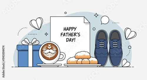 A cheerful illustration featuring a coffee cup, gift box, shoes, and a note for Father's Day in a modern style