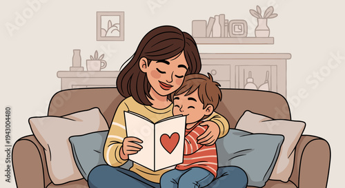 A mother reading a storybook to her child, illustrated in a modern, flat style, perfect for family themes