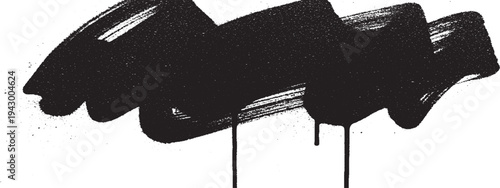 Abstract black spray paint mark with drips and speckles on white background