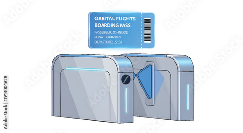 Space travel boarding pass and futuristic luggage