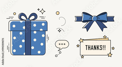 A collection of festive icons including a gift box, speech bubble, and decorative elements in a modern flat style