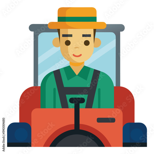 A cheerful farmer wearing a straw hat operates a red tractor representing agricultural work and rural life