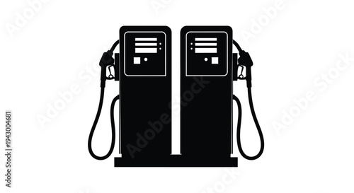Two black gas pumps stand side by side in a stark silhouette