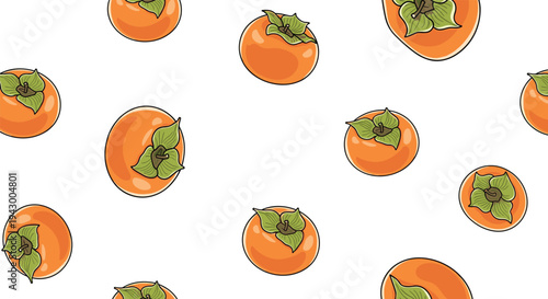 Beautiful seamless pattern featuring ripe orange persimmons with green leaves on a white background, perfect for autumnal themed designs.