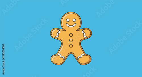 Cute illustration of a classic gingerbread man cookie with white icing decorations and a happy smiling face, set against a bright blue background.