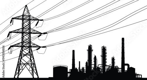Industrial landscape with power lines and refinery dramatic silhouette