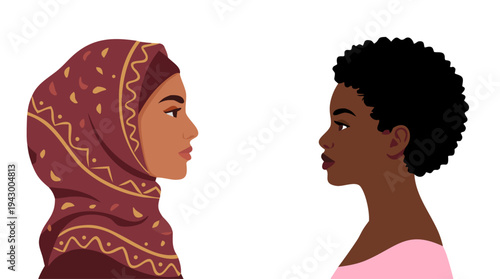 Colorful diverse women portraits. Multicultural female characters and different hairstyles. Women community and friendship concept. Female empowerment and individuality. Modern flat vector illustratio
