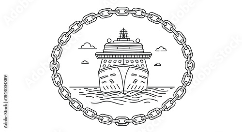 Unique line art illustration of a large cruise ship at sea, framed within a thick oval-shaped metal chain border on a white background.