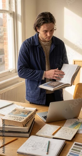 Man studies documents at a table with laptop and open book