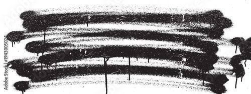 Horizontal spray paint strokes with drips and splatter, black grungy texture on white background for graphic design