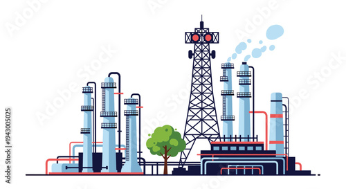 Industrial oil and gas refinery factory with tall distillation towers and storage tanks featuring a green tree in the foreground.