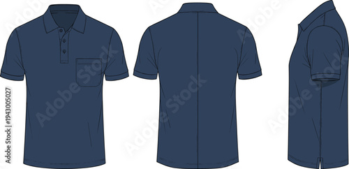 Polo shirt technical flat sketch, fashion design illustration, garment construction drawing, apparel blueprint outline, clothing manufacturing detail, front back side view, flavector
