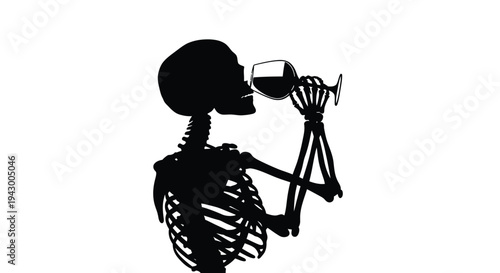 A skeletal figure enjoys a drink a striking black silhouette
