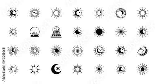 Large set of various celestial sun and moon symbols in different artistic styles and phases isolated on a white background.