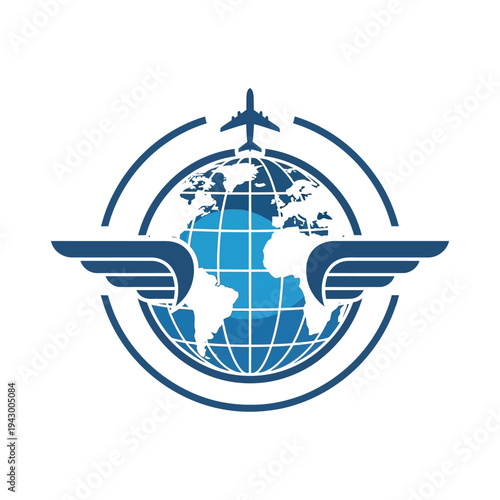 Air travel concept illustration globe with plane and wings symbol design