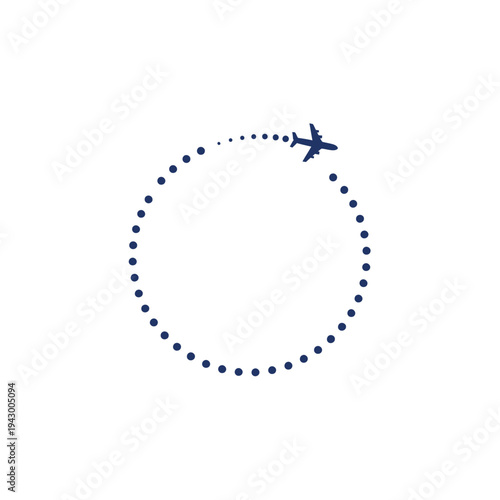 Airplane circumnavigating a dotted circle conceptual travel graphic