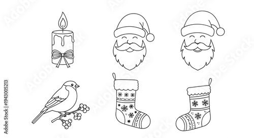 Set of christmas line art icons including a candle Santa Claus heads a bird on a branch and holiday stockings.