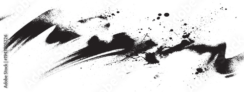Abstract black ink marks and splatter graphic elements on white background
