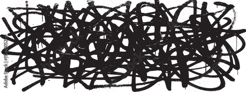 Dense black graffiti scribble pattern with spray paint drips on white background