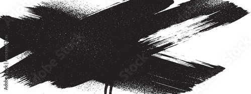 Black paint brush stroke with speckles and dripping effect on white background, distressed texture graphic