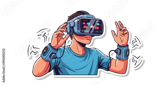 Man wearing VR headset and experiencing virtual reality technology