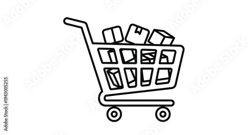 Shopping cart filled with boxes outline icon in black and white representing retail commerce and courier delivery.
