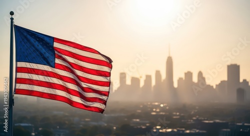 Usa flag waving (american patriot). realistic usa flag photo new york city skyline