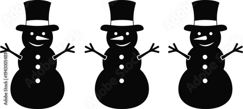 Snowman silhouettes winter holiday design, festive Christmas illustration, three identical figures with hats buttons stick arms vector art